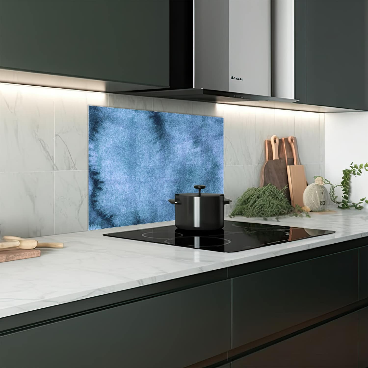 Eigen afmeting spatscherm-op-maat Keuken - Hittebestendig gehard glas - Waterverf Schilderij Blauw