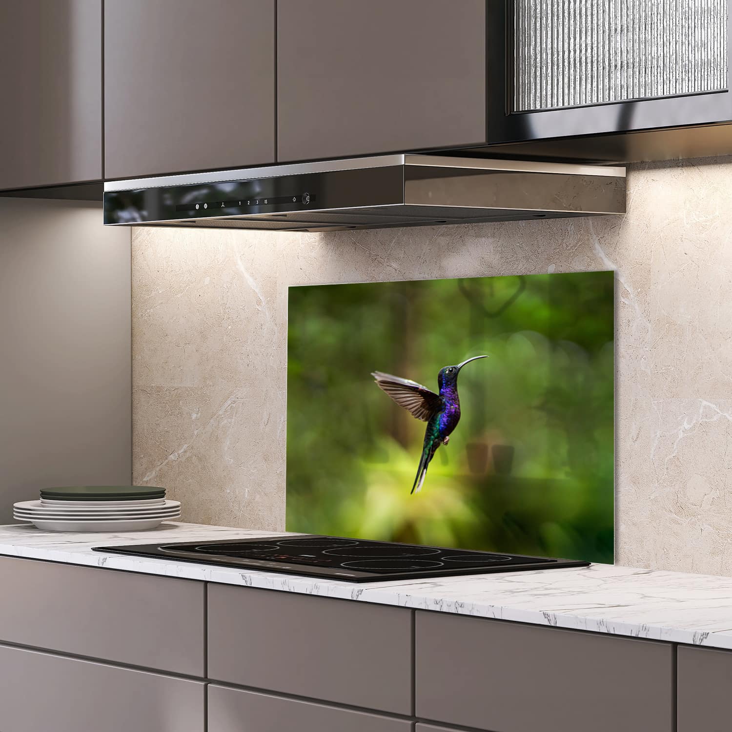 Eigen afmeting spatscherm-op-maat Keuken - Hittebestendig gehard glas - Kleurrijke kolibrie