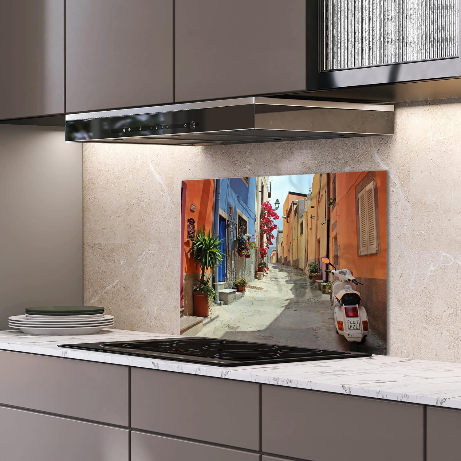 Eigen afmeting spatscherm-op-maat Keuken - Hittebestendig gehard glas - Kleurrijke Steeg