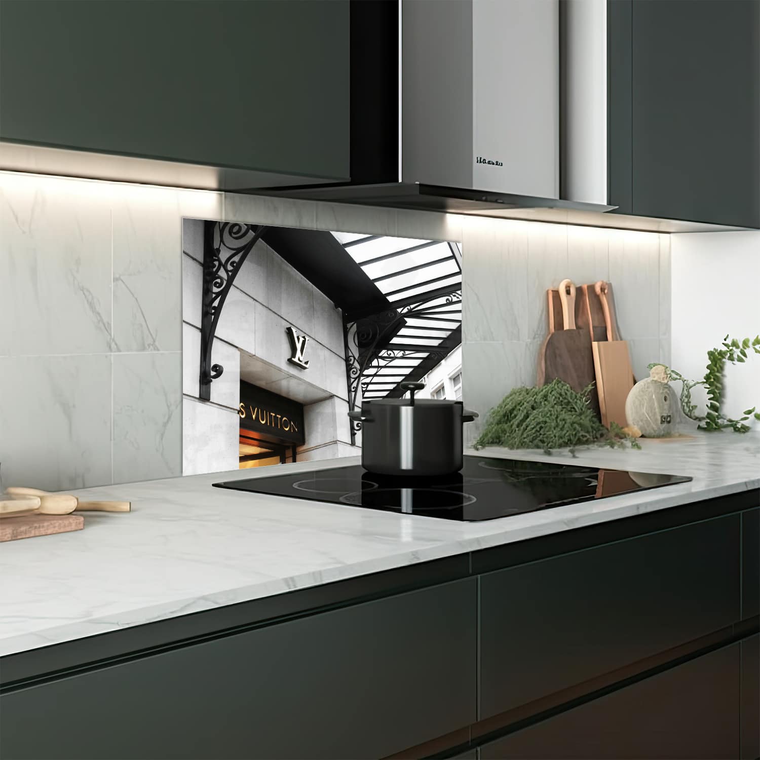 Eigen afmeting spatscherm-op-maat Keuken - Hittebestendig gehard glas - Louist Vuitton Winkel