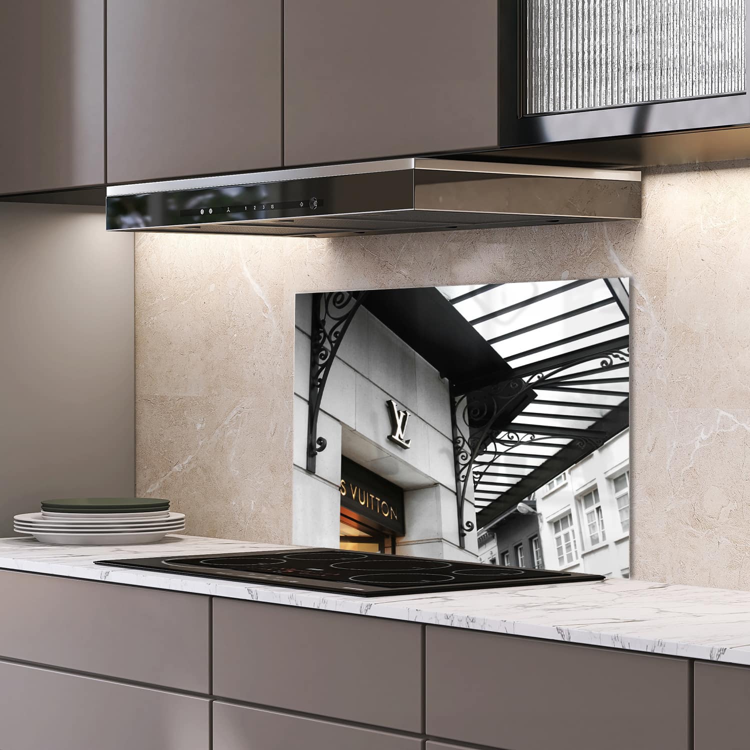 Eigen afmeting spatscherm-op-maat Keuken - Hittebestendig gehard glas - Louist Vuitton Winkel