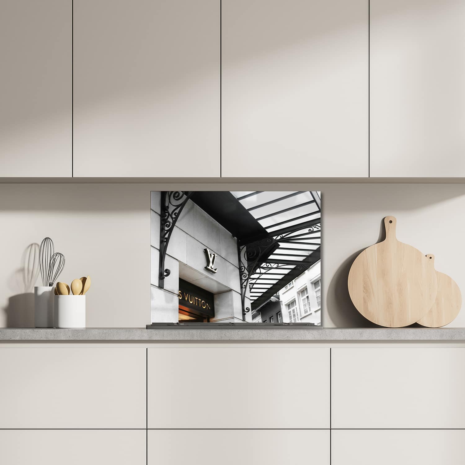 Eigen afmeting spatscherm-op-maat Keuken - Hittebestendig gehard glas - Louist Vuitton Winkel