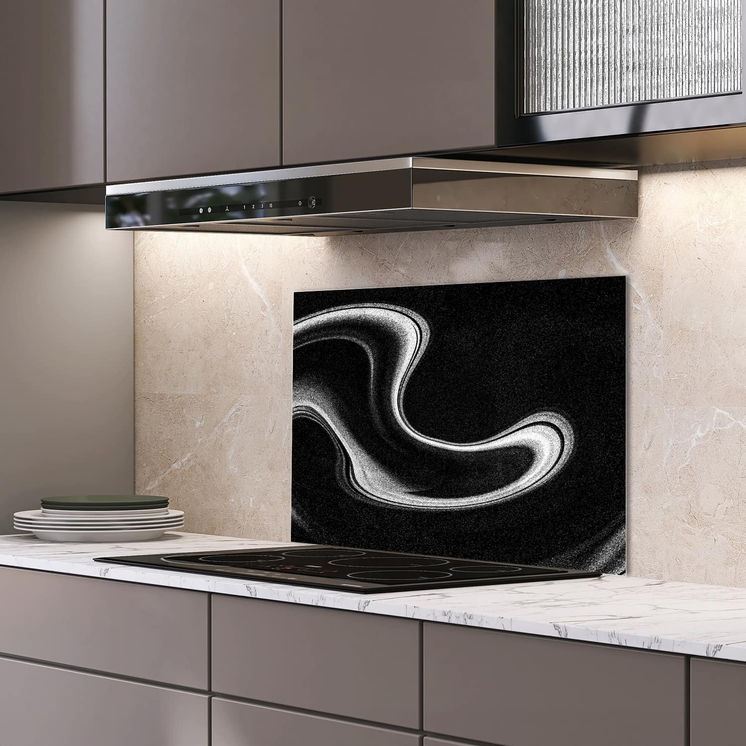 Eigen afmeting spatscherm-op-maat Keuken - Hittebestendig gehard glas - Zwart-Wit Abstract