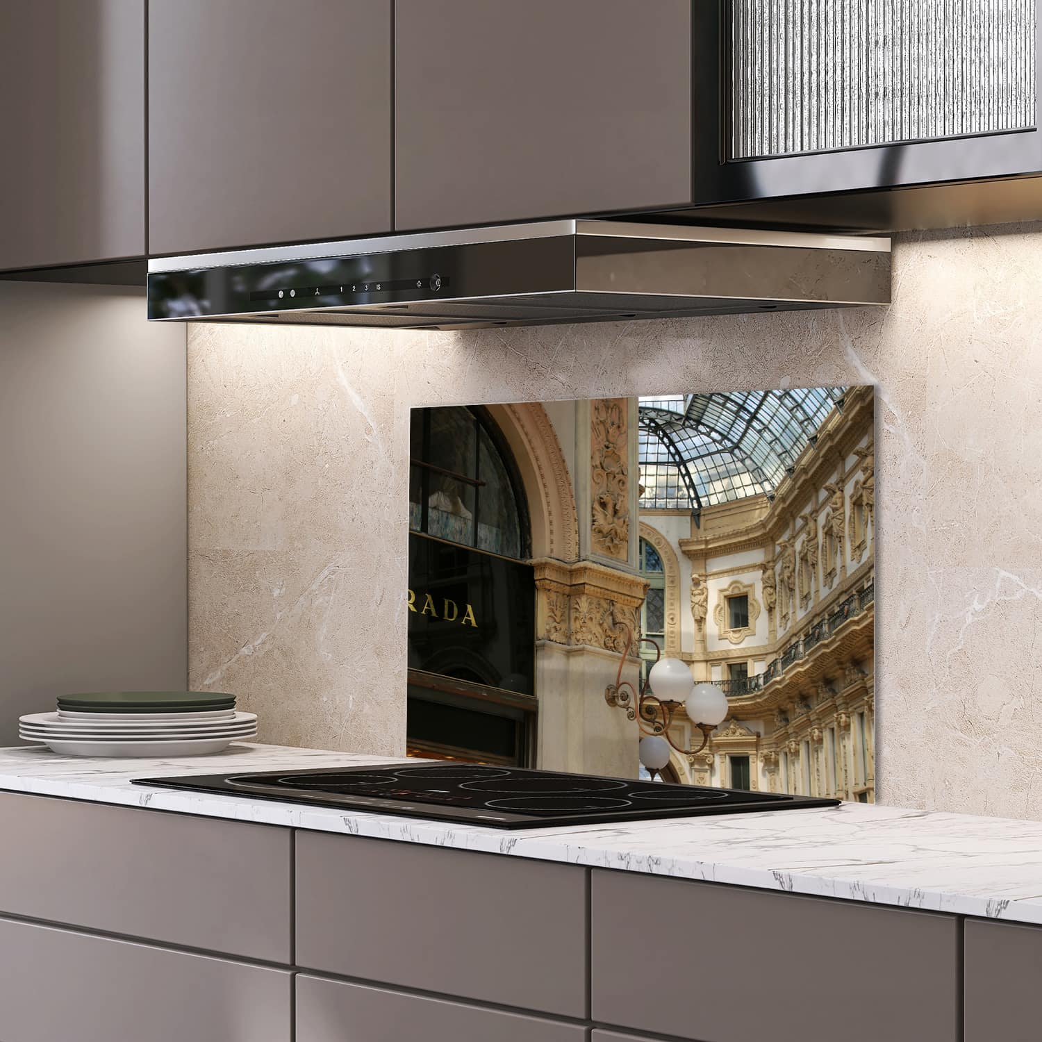 Eigen afmeting spatscherm-op-maat Keuken - Hittebestendig gehard glas - Prada Winkel