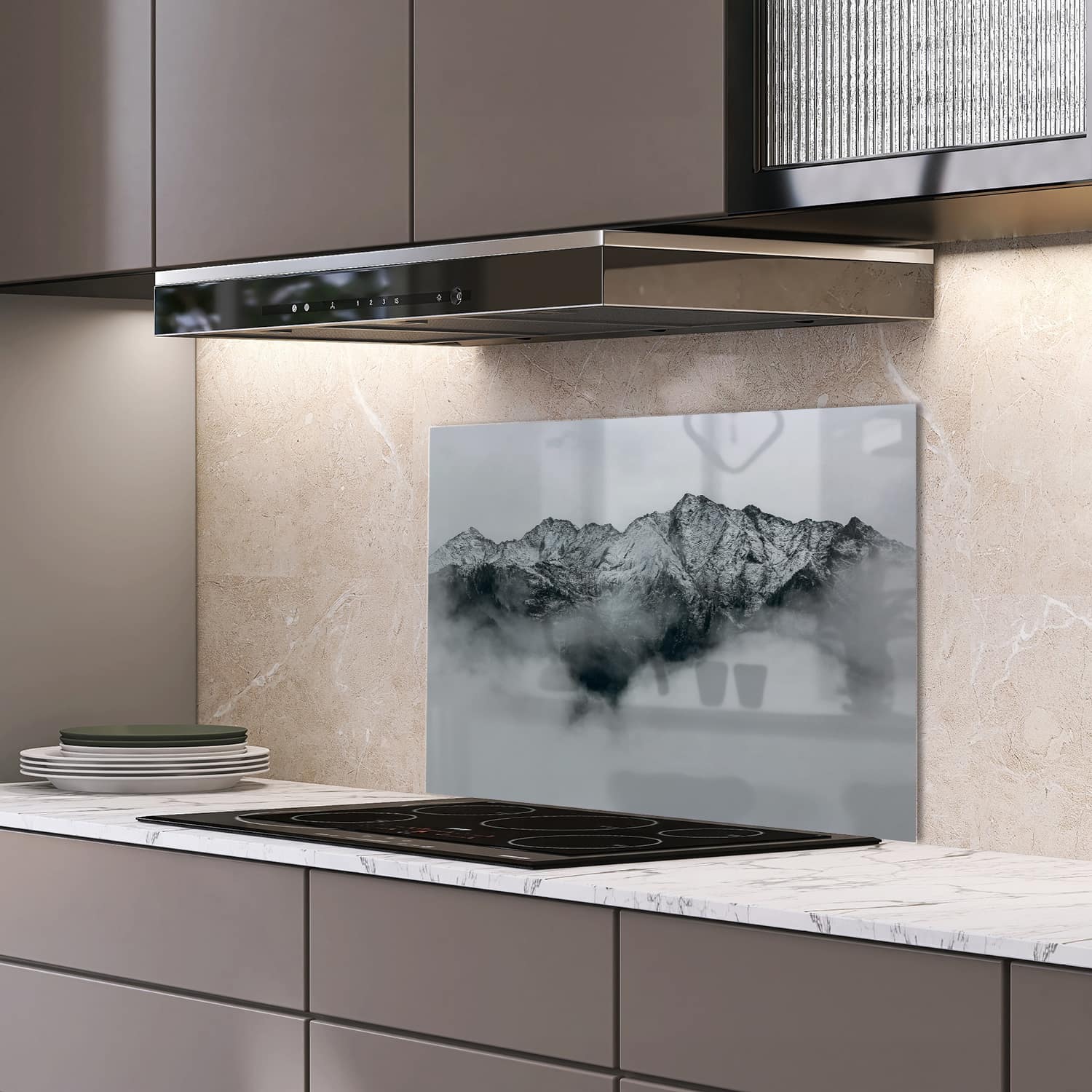 Eigen afmeting spatscherm-op-maat Keuken - Hittebestendig gehard glas - Berg in de Wolken