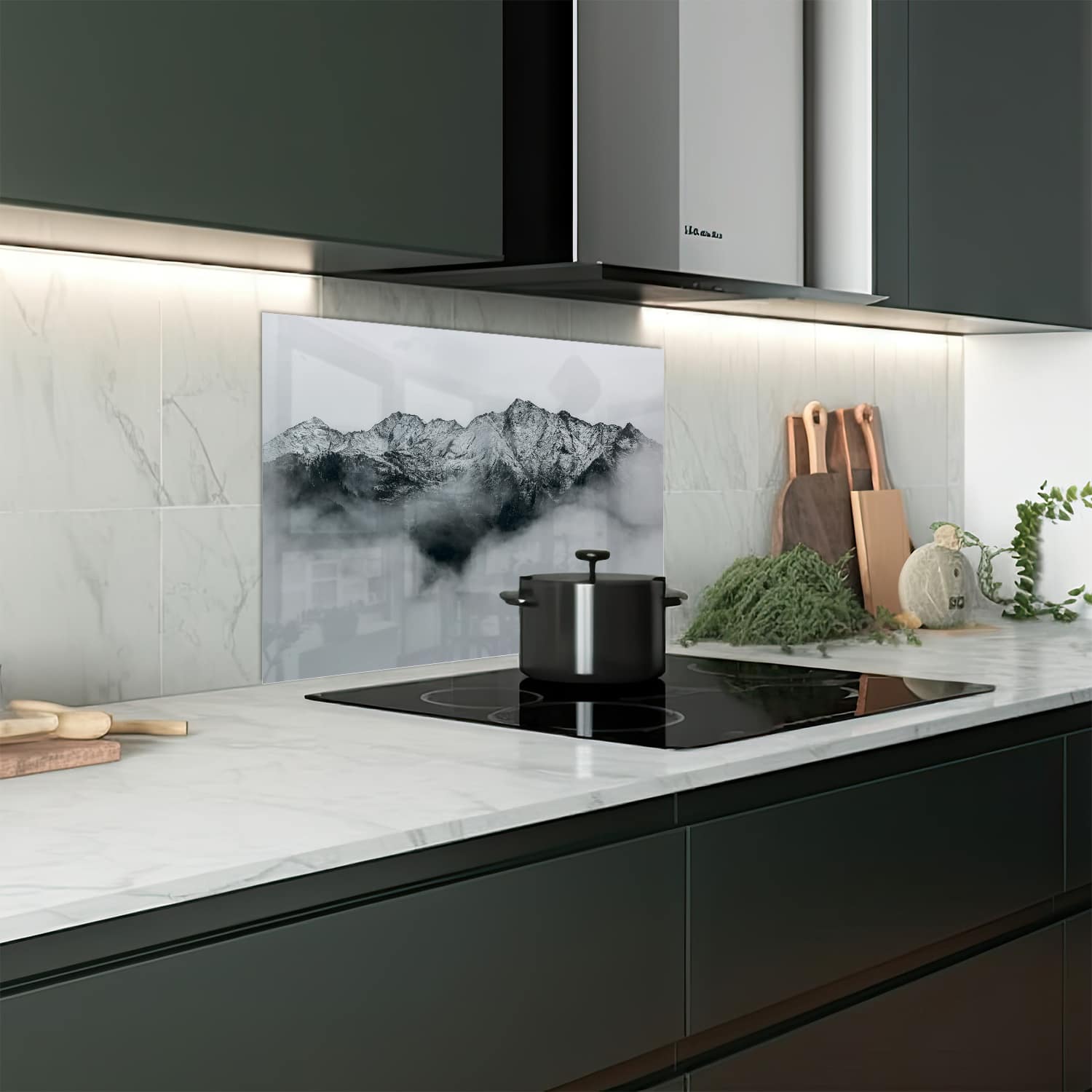 Eigen afmeting spatscherm-op-maat Keuken - Hittebestendig gehard glas - Berg in de Wolken