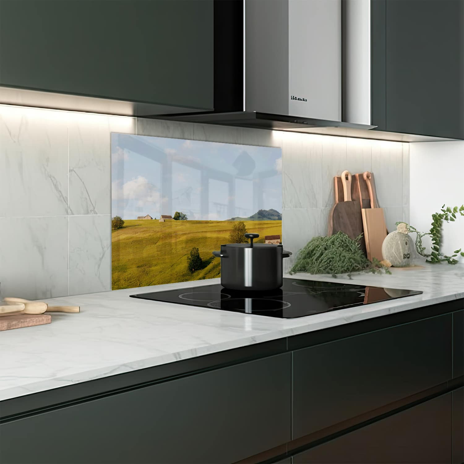 Eigen afmeting spatscherm-op-maat Keuken - Hittebestendig gehard glas - Heuvelachtig Landschap