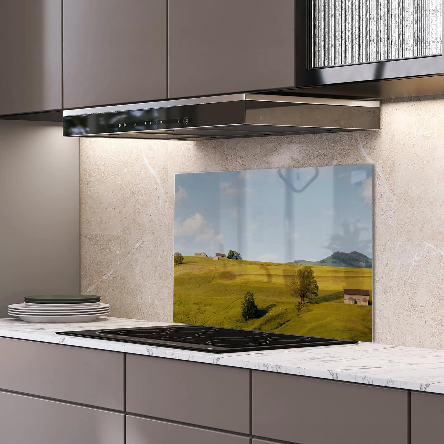 Eigen afmeting spatscherm-op-maat Keuken - Hittebestendig gehard glas - Heuvelachtig Landschap