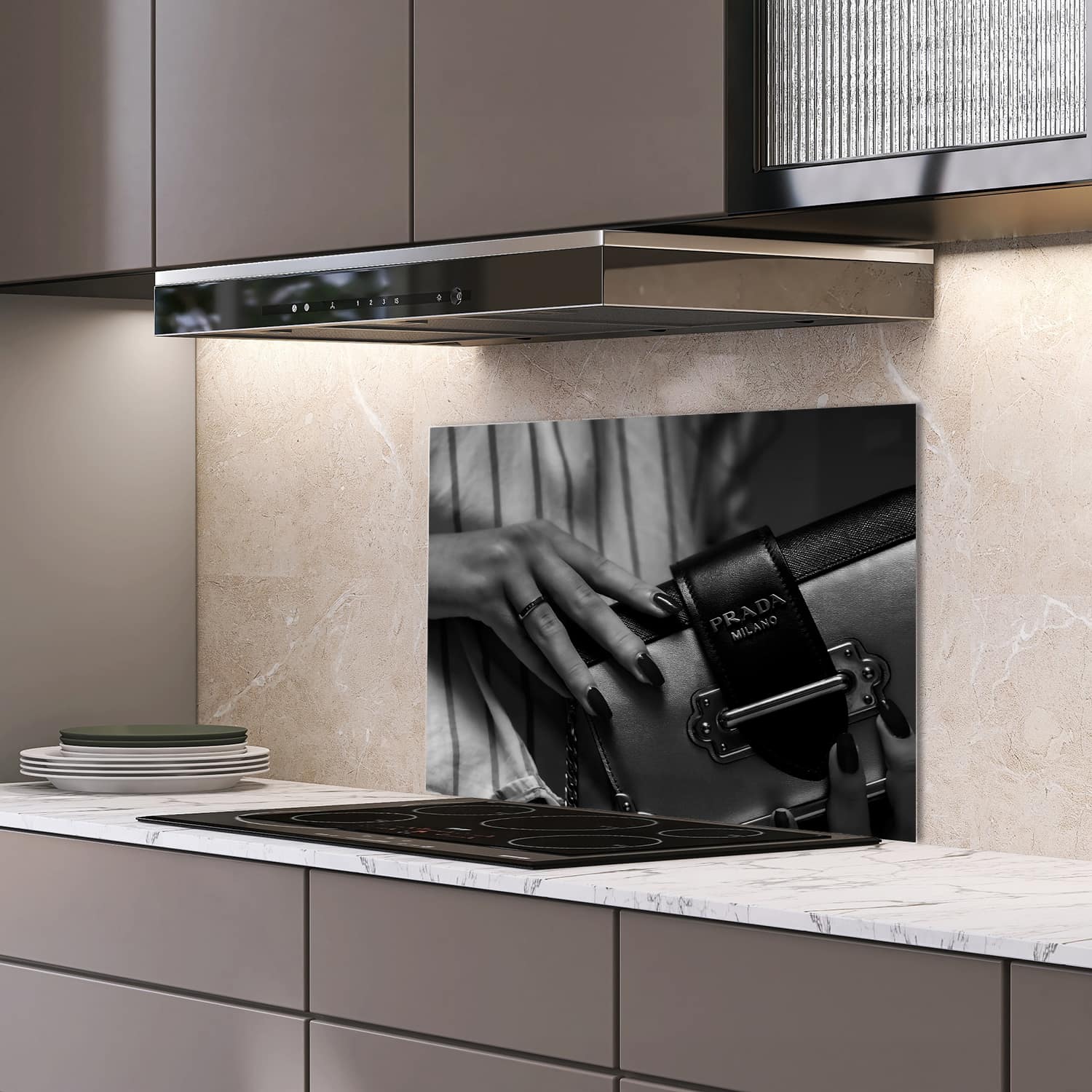 Eigen afmeting spatscherm-op-maat Keuken - Hittebestendig gehard glas - Prada Tas