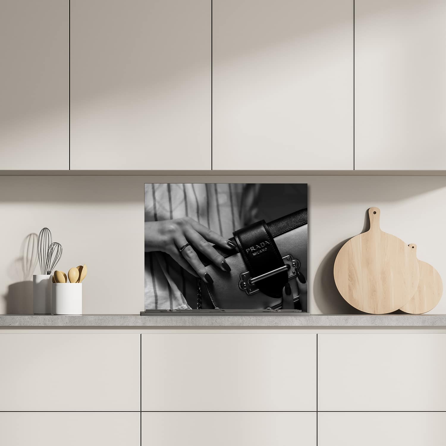 Eigen afmeting spatscherm-op-maat Keuken - Hittebestendig gehard glas - Prada Tas