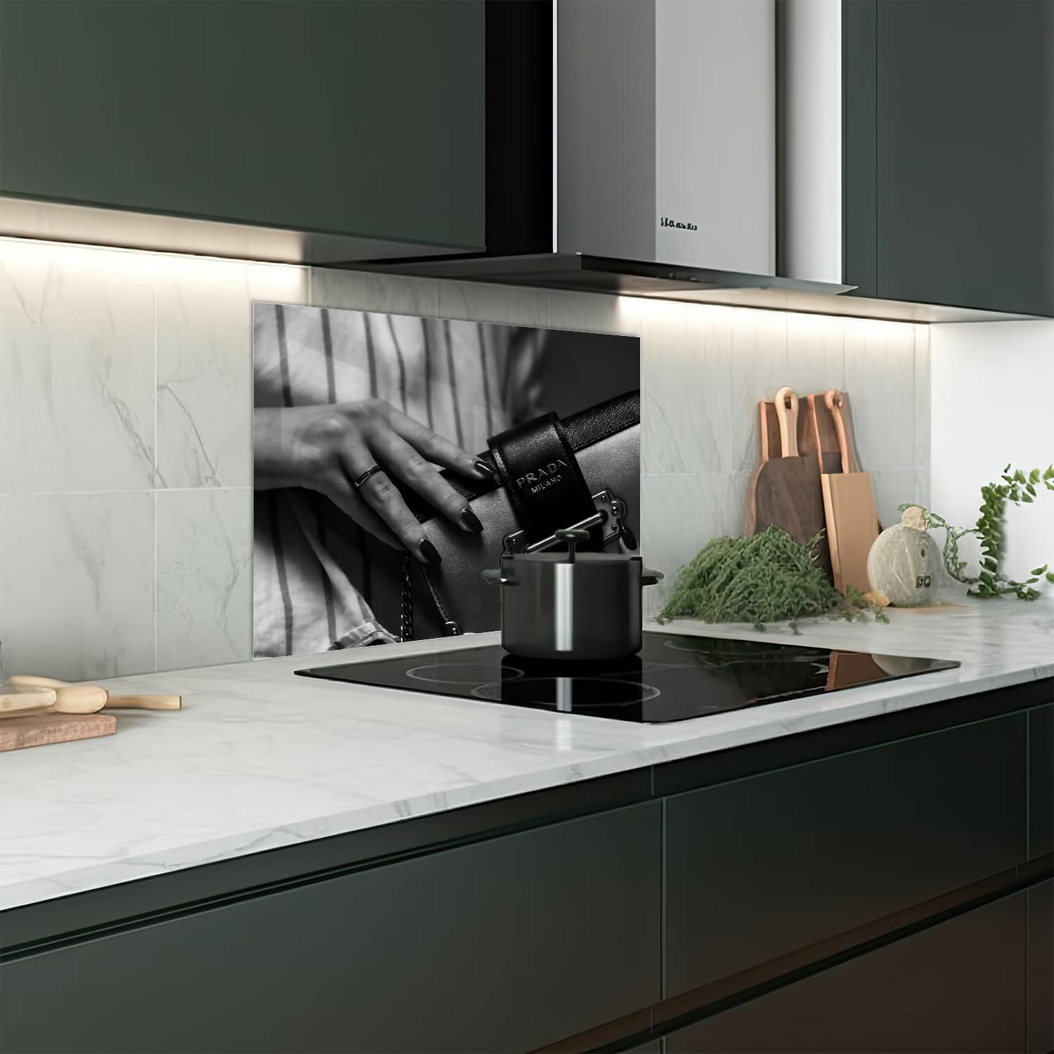 Eigen afmeting spatscherm-op-maat Keuken - Hittebestendig gehard glas - Prada Tas
