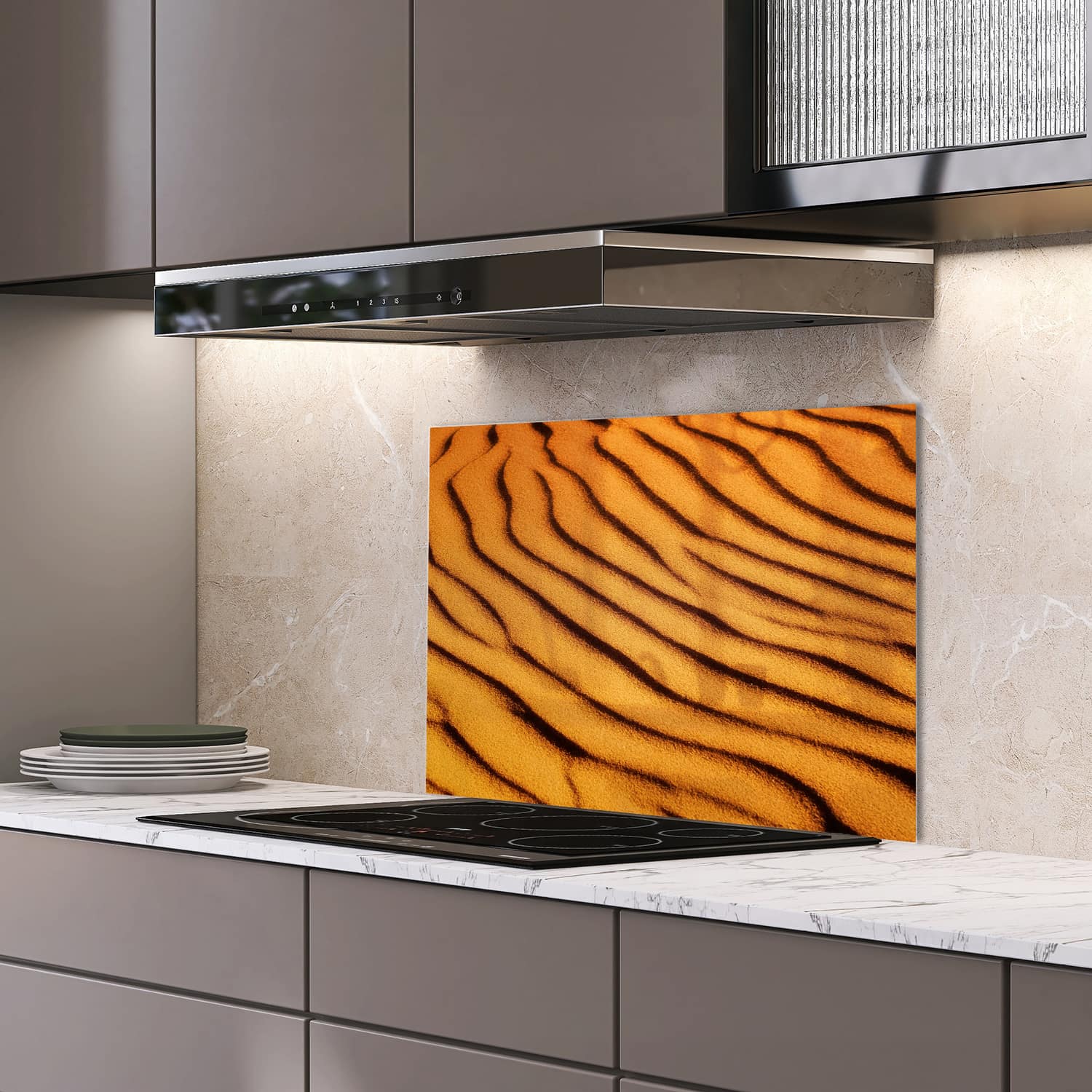 Eigen afmeting spatscherm-op-maat Keuken - Hittebestendig gehard glas - Gelaagd Zand