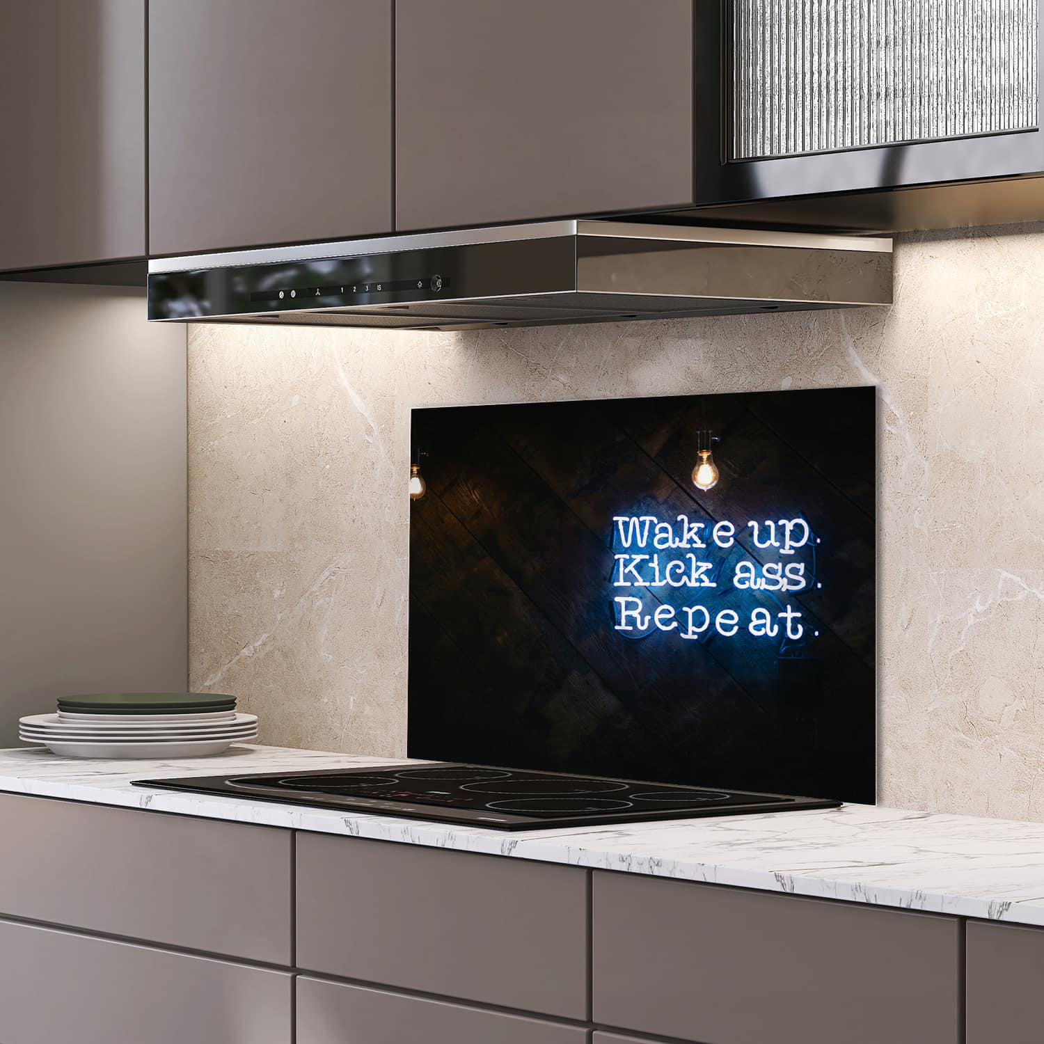 Eigen afmeting spatscherm-op-maat Keuken - Hittebestendig gehard glas - Wake up, Kick ass, Repeat