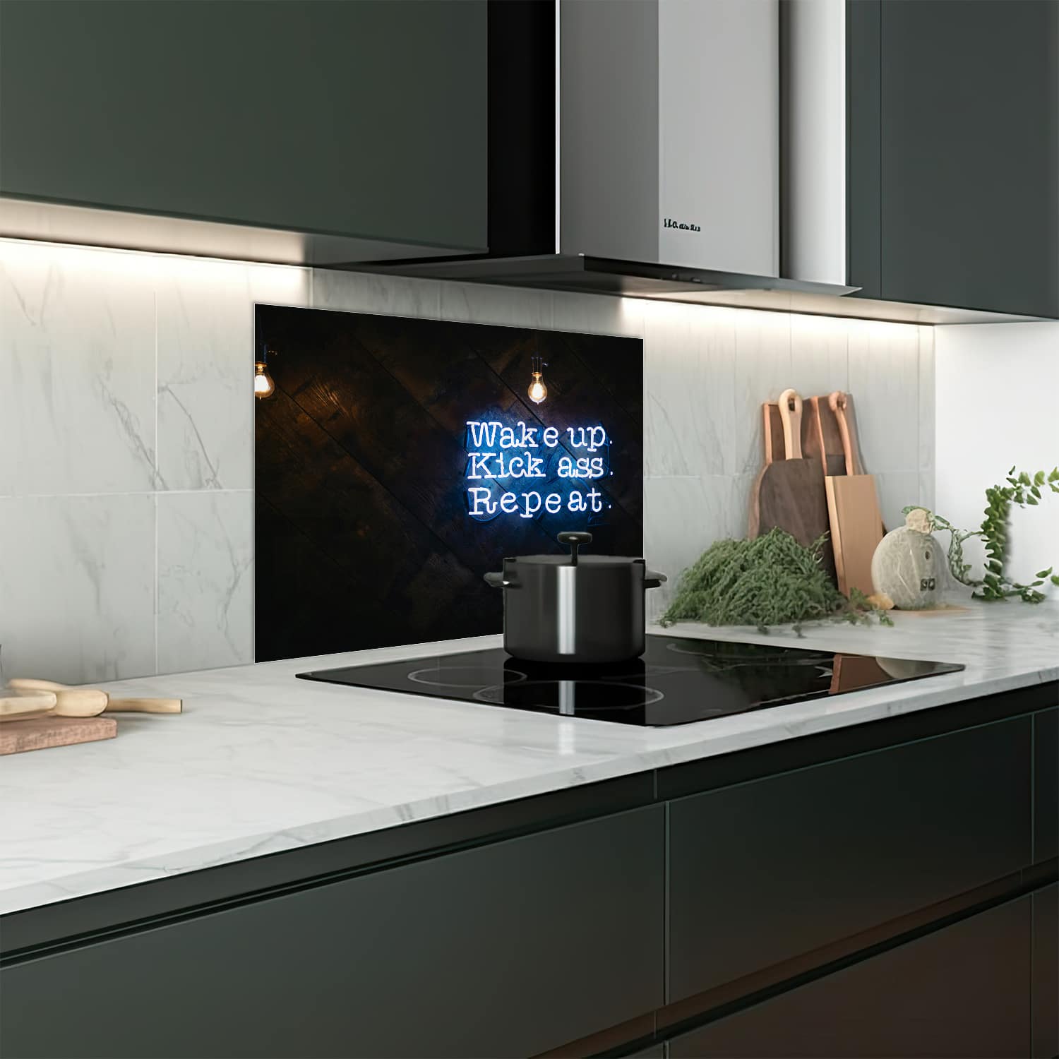 Eigen afmeting spatscherm-op-maat Keuken - Hittebestendig gehard glas - Wake up, Kick ass, Repeat