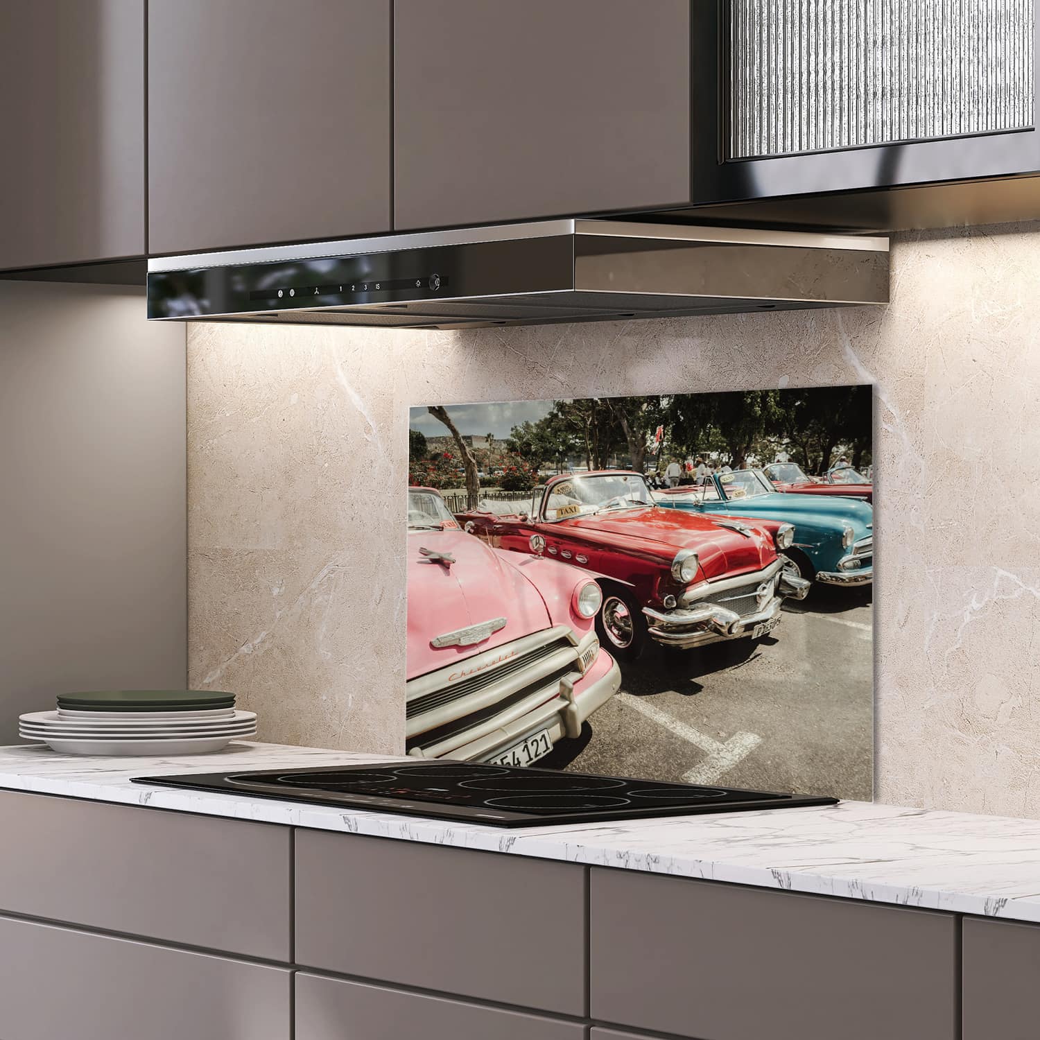 Eigen afmeting spatscherm-op-maat Keuken - Hittebestendig gehard glas - Chervolet Bel Air