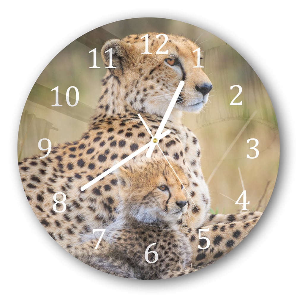 Wandklok Rond 30cm - Gehard Glas - Cheetah met Pup