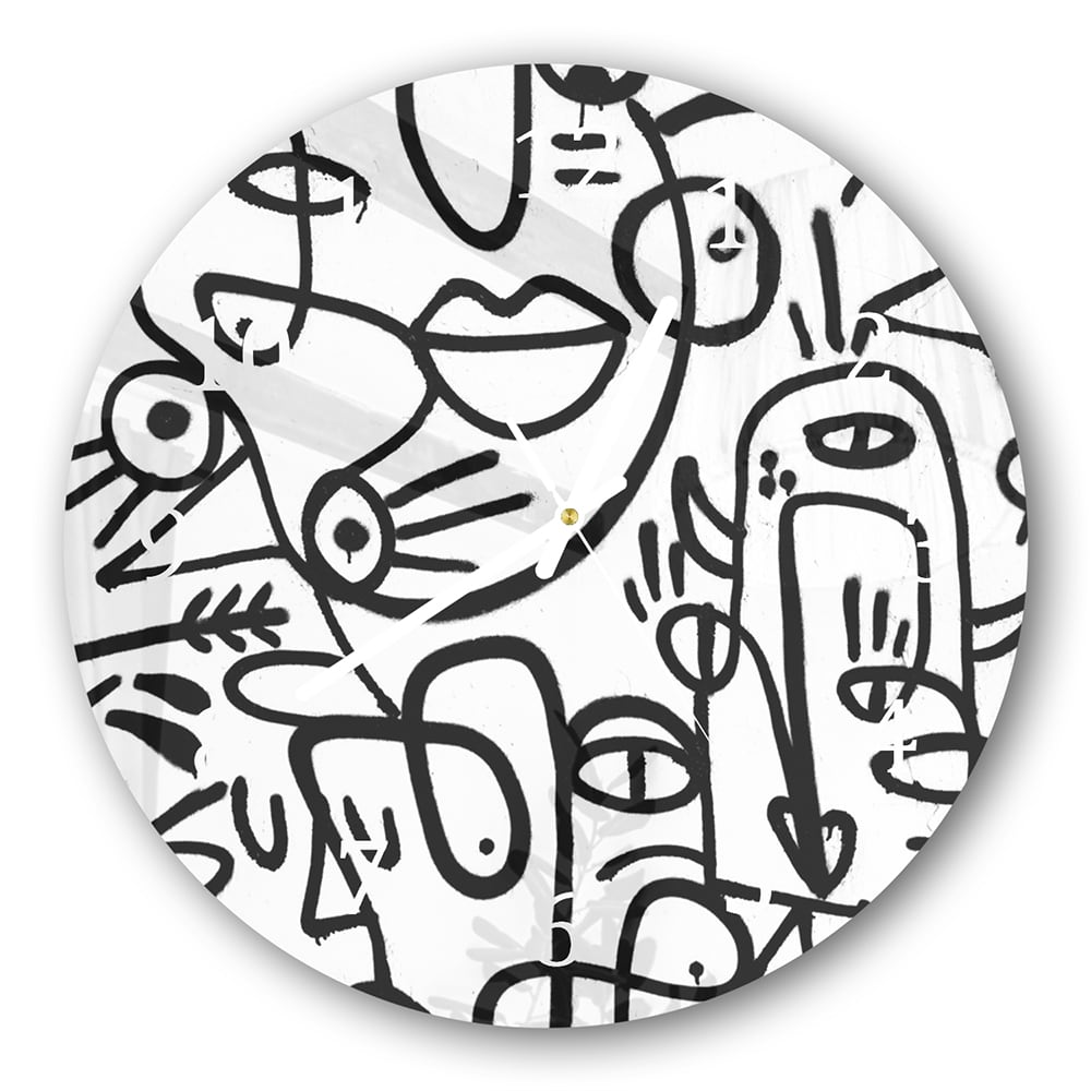 Wandklok Rond 30cm - Gehard Glas - Zwart-wit Graffiti Patroon