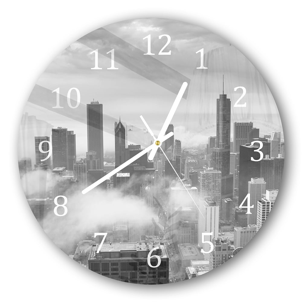 Wandklok Rond 30cm - Gehard Glas - Chicago Skyline in de Mist