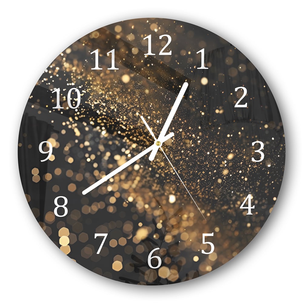 Wandklok Rond 30cm - Gehard Glas - Zwarte Achtergrond met Gouden Glitter