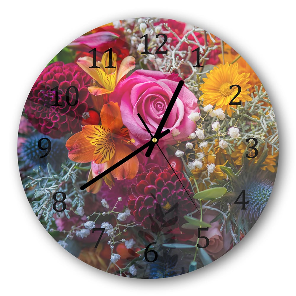 Wandklok Rond 30cm - Gehard Glas - Levendig Bloemenboeket