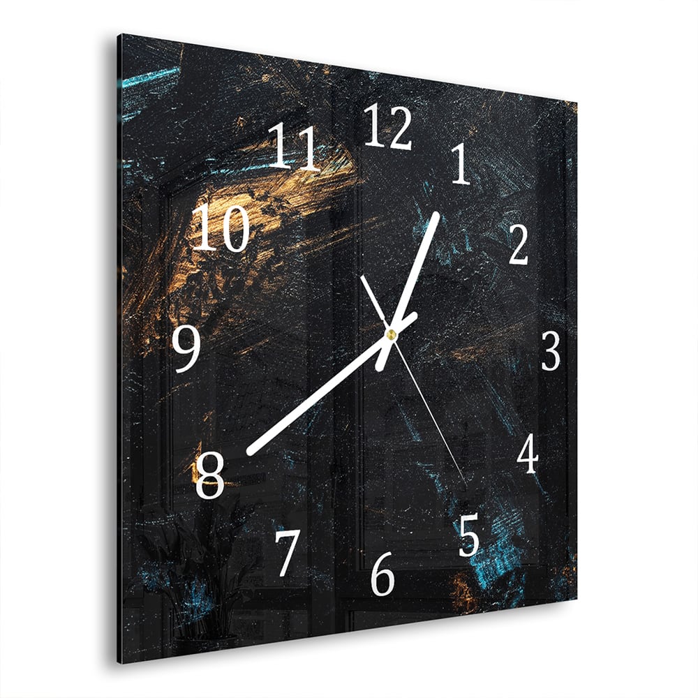Wandklok Abstracte Zwart-Gouden Achtergrond 30x30 cm gehard glas