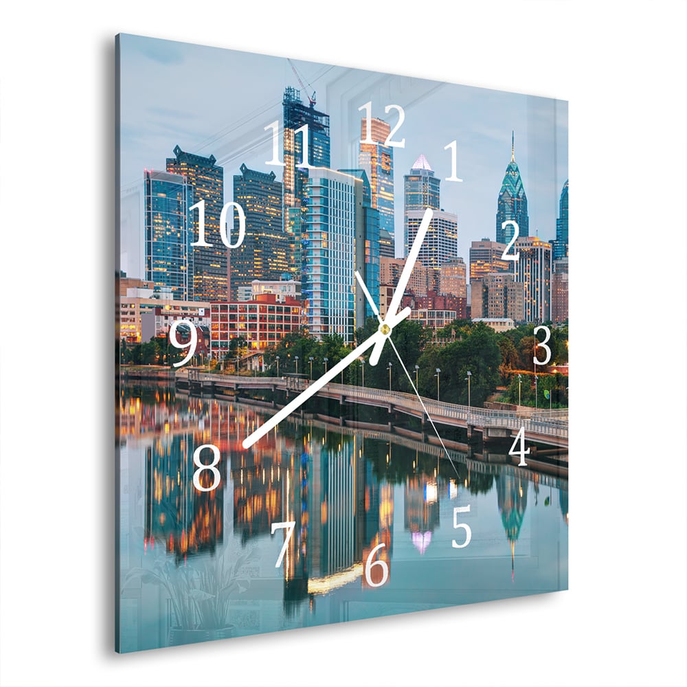 Wandklok 30x30 - Gehard Glas - Philadelphia Skyline bij Nacht