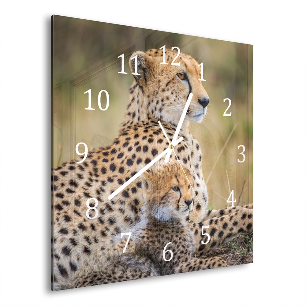 Wandklok 30x30 - Gehard Glas - Cheetah met Pup