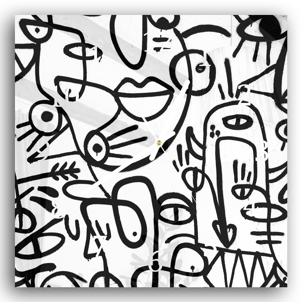 Wandklok 30x30 - Gehard Glas - Zwart-wit Graffiti Patroon