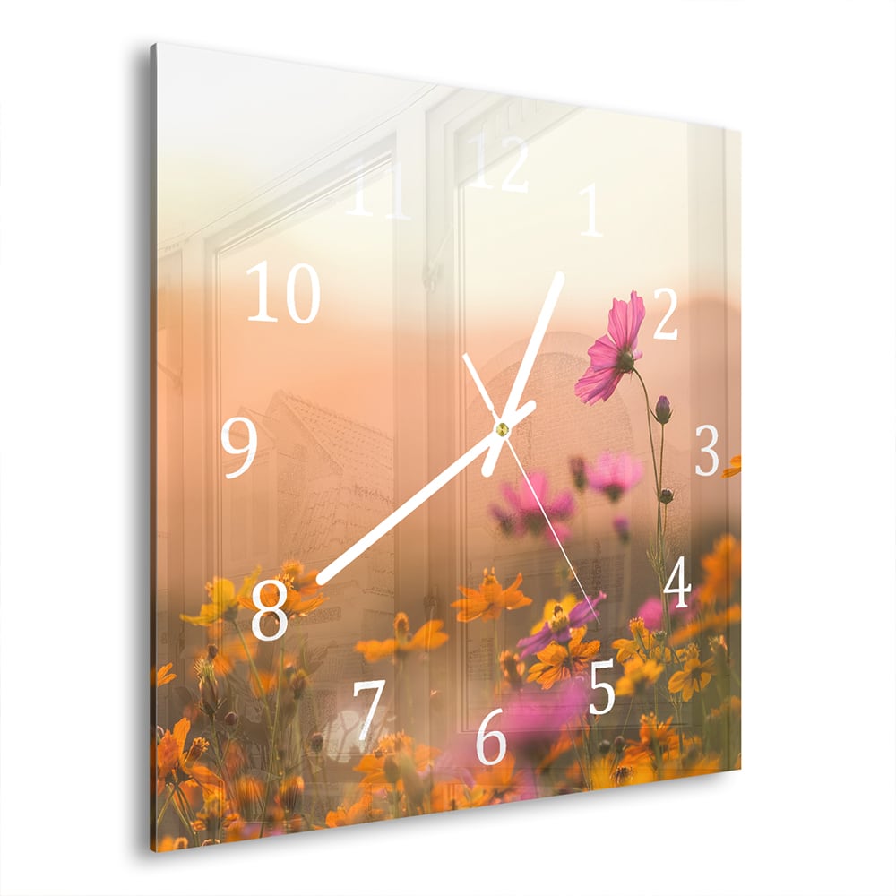 Wandklok 30x30 - Gehard Glas - Kleurrijke Bloemen bij Zonsondergang