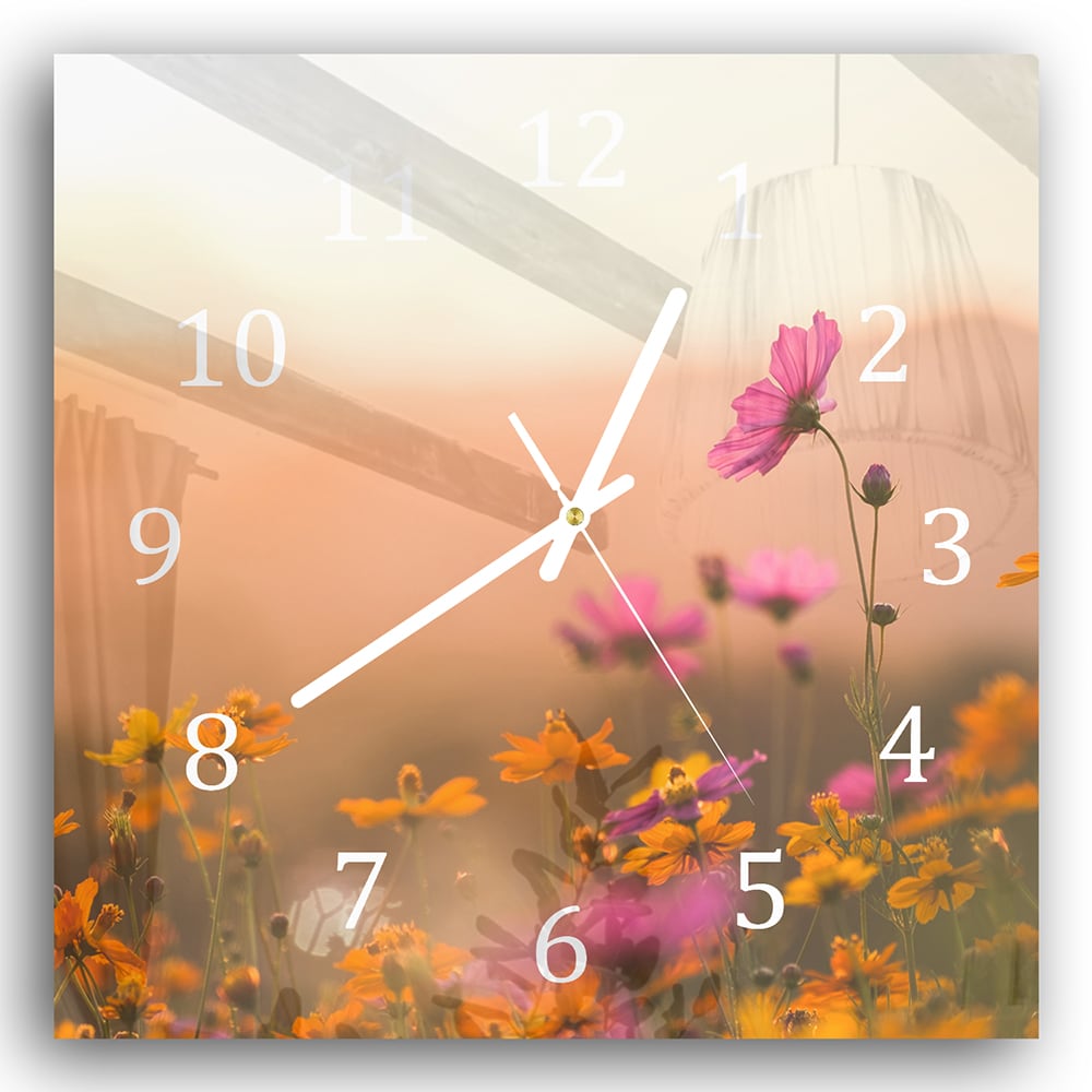 Wandklok 30x30 - Gehard Glas - Kleurrijke Bloemen bij Zonsondergang