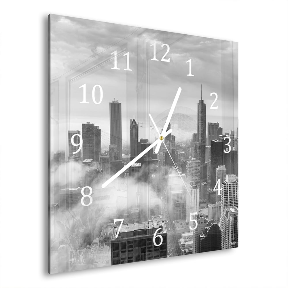 Wandklok 30x30 - Gehard Glas - Chicago Skyline in de Mist