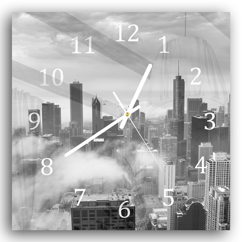 Wandklok 30x30 - Gehard Glas - Chicago Skyline in de Mist