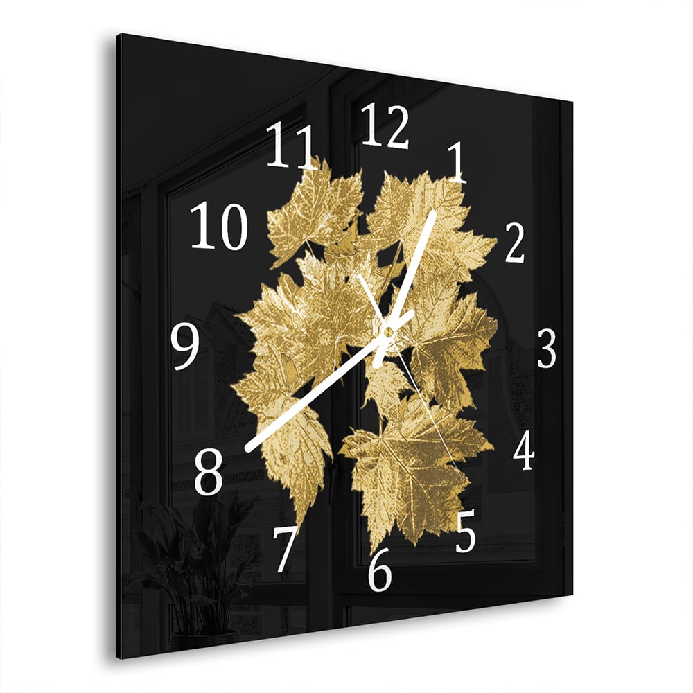 Wandklok Gouden Bladeren Patroon 30x30 cm gehard glas