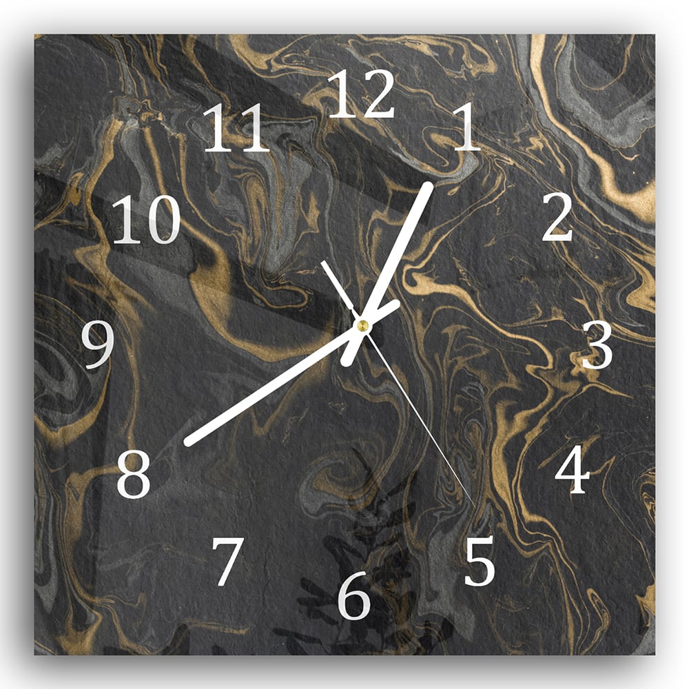 Wandklok 30x30 - Gehard Glas - Zwart-Goud Marmerpatroon