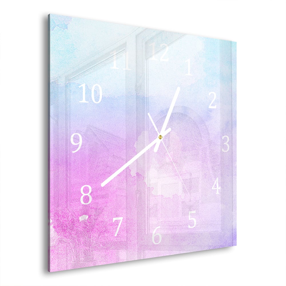 Wandklok Roze-Blauwe Waterverf 30x30 cm gehard glas