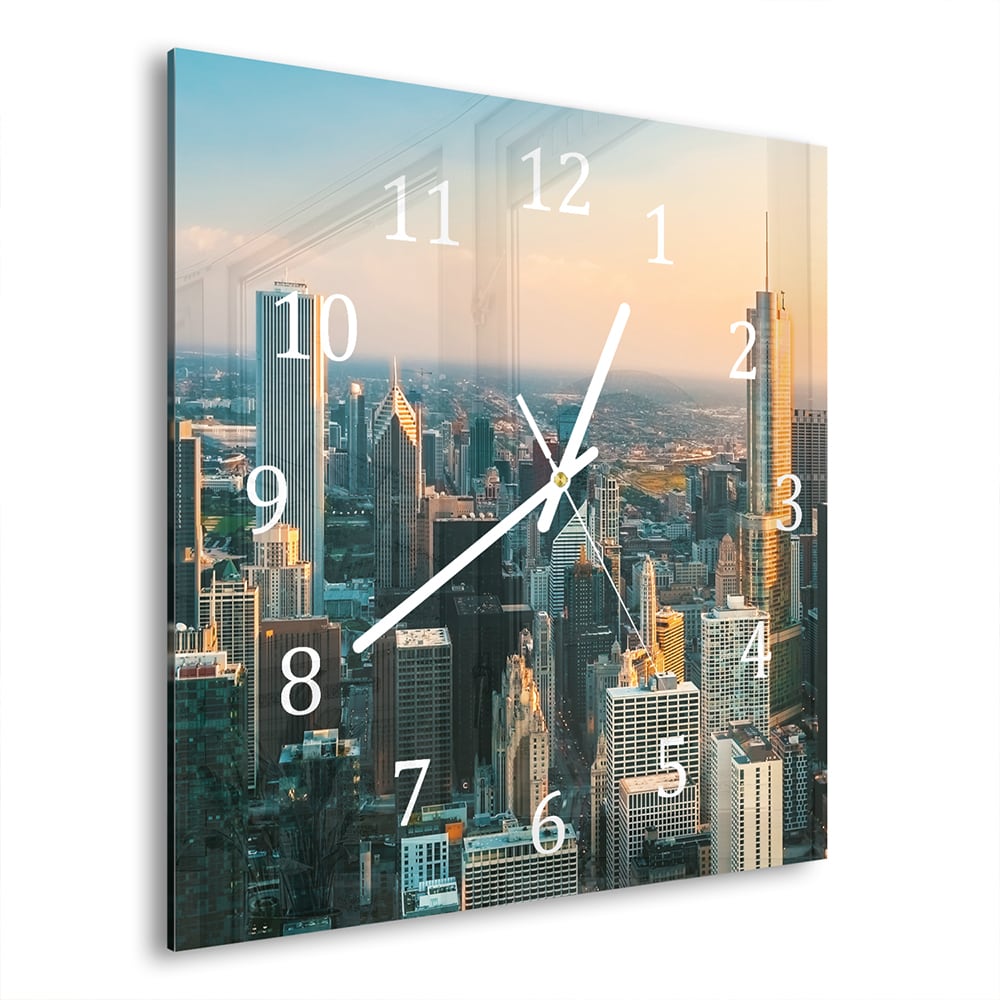 Wandklok 30x30 - Gehard Glas - Chicago Skyline bij Zonsondergang