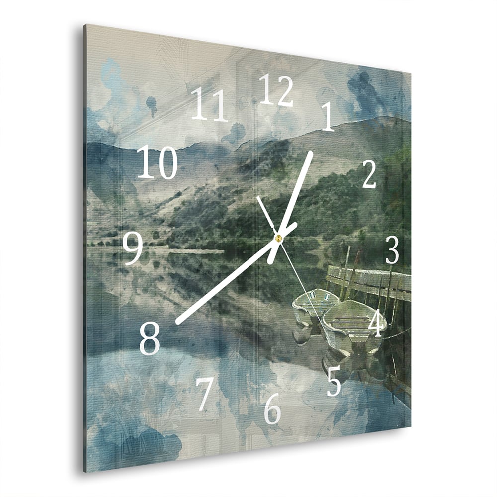 Wandklok Waterverf Schilderij Bergmeer 30x30 cm gehard glas