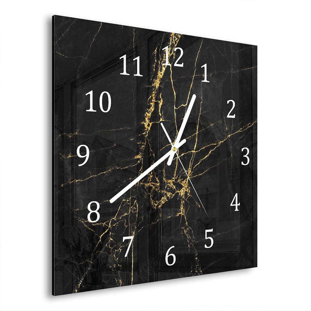 Wandklok 30x30 - Gehard Glas - Elegante Zwart-Gouden Marmer