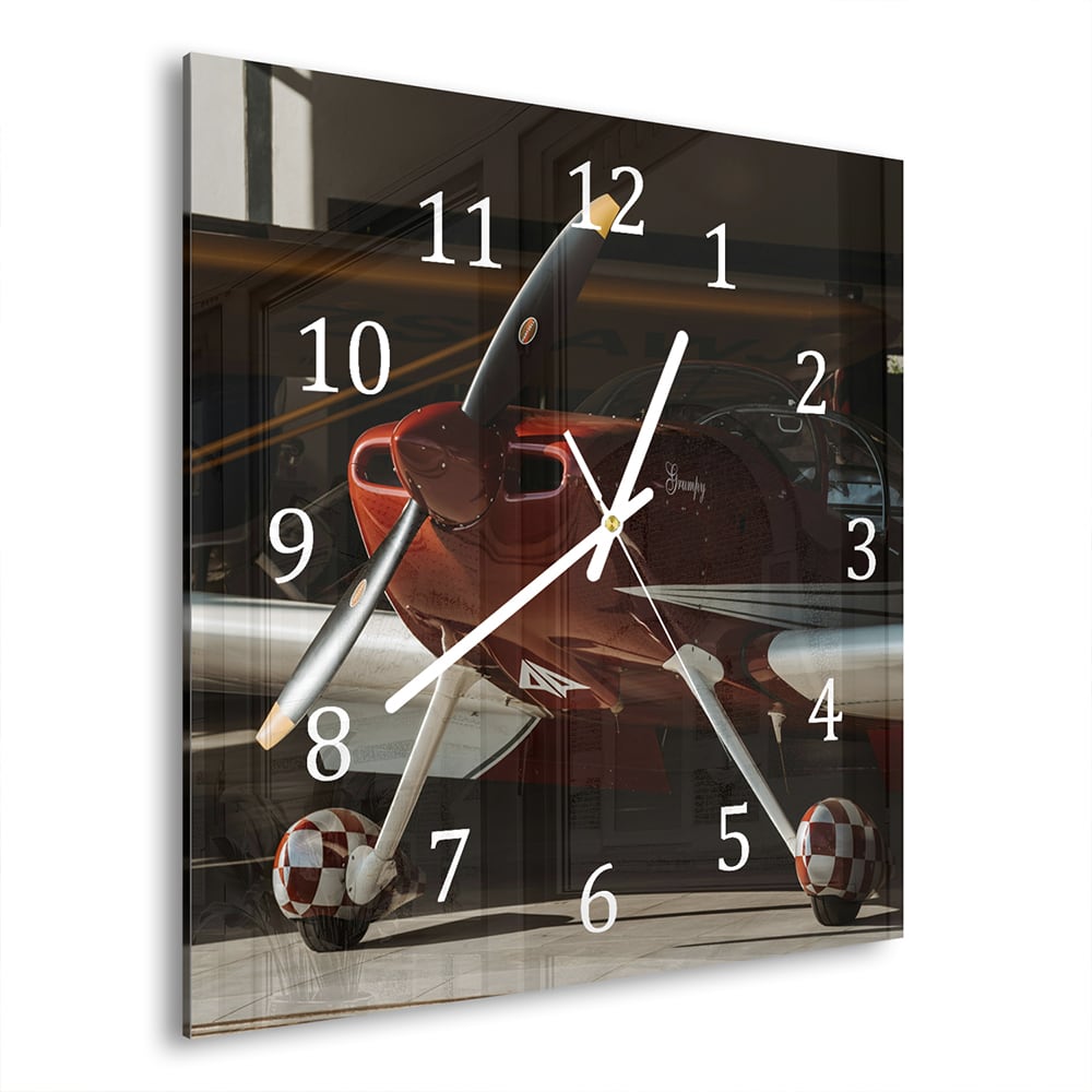 Wandklok Sportvliegtuig 30x30 cm gehard glas