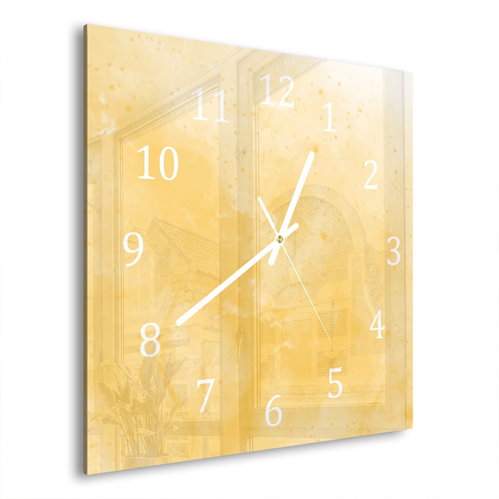 Wandklok Gele Waterverf 30x30 cm gehard glas