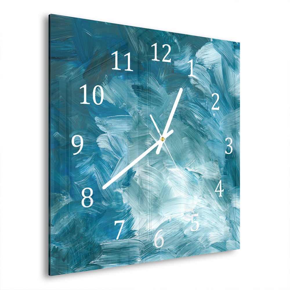 Wandklok Abstracte Blauwe Penseelstroken 30x30 cm gehard glas