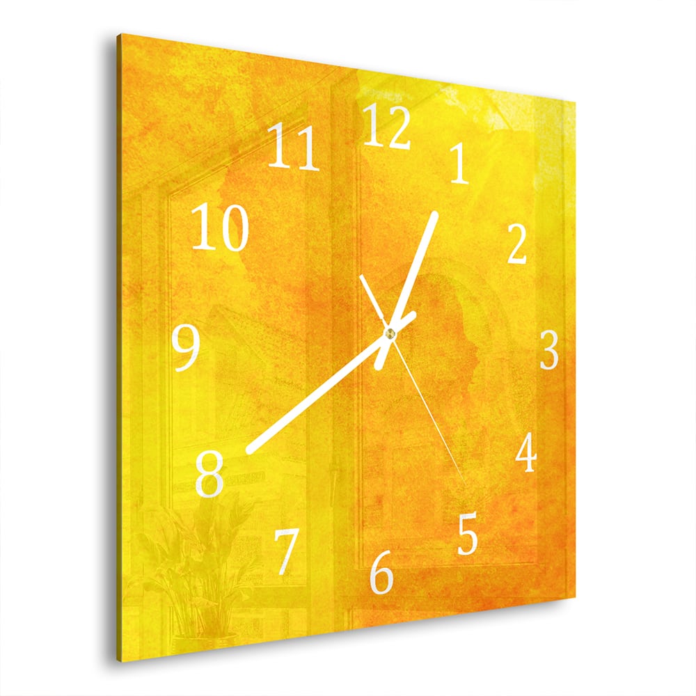 Wandklok Oranje-Gele Waterverf 30x30 cm gehard glas