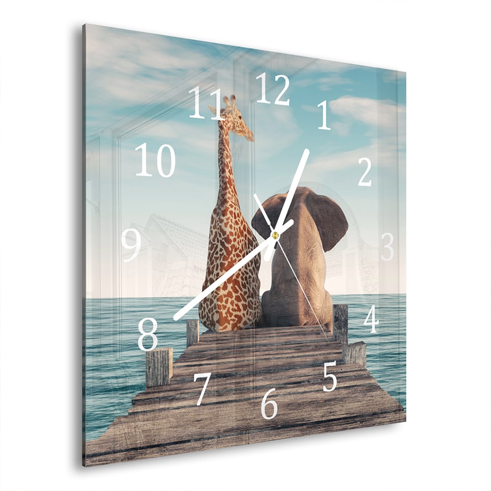 Wandklok 30x30 - Gehard Glas - Giraffe en Olifant