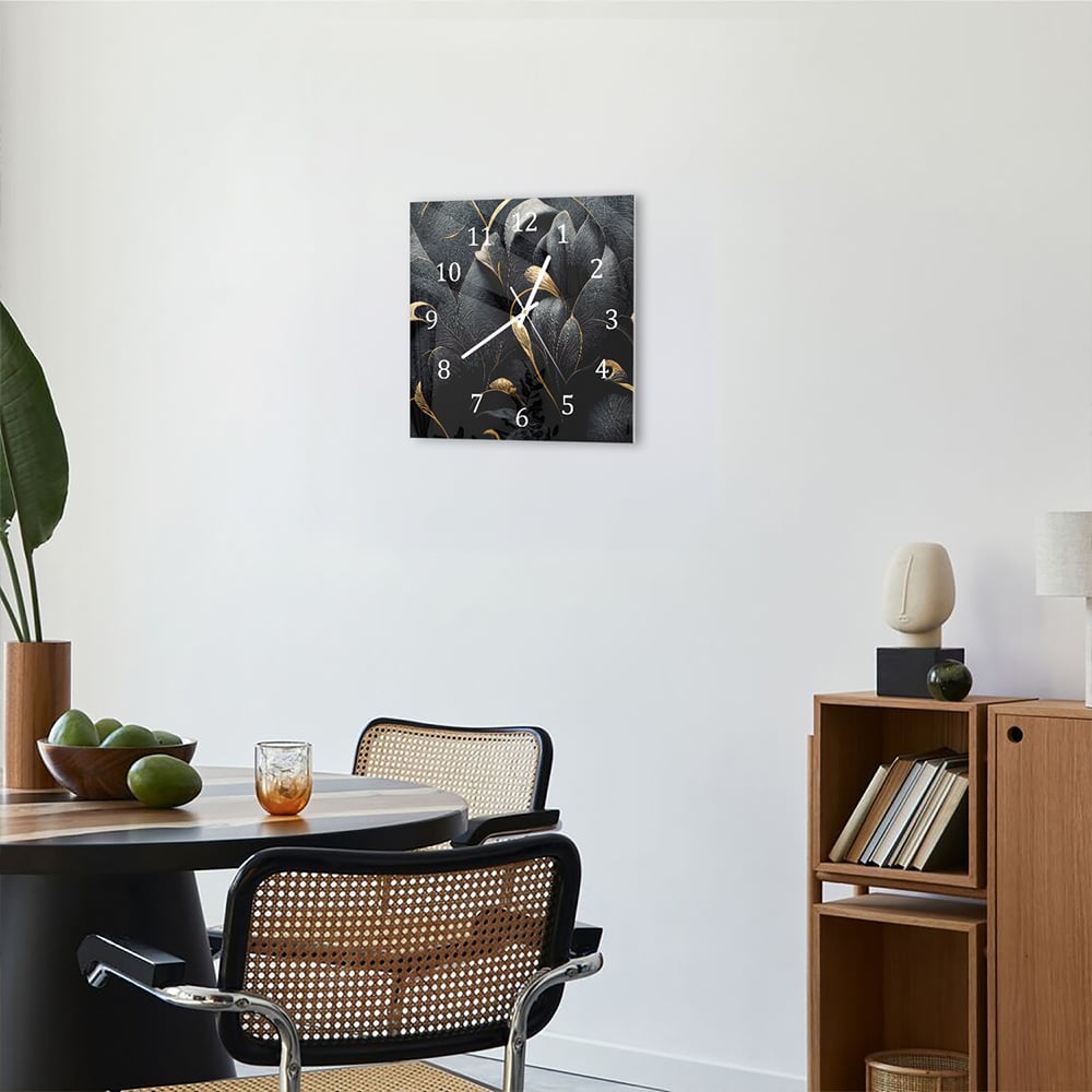 Wandklok 30x30 - Gehard Glas - Luxe Zwarte en Gouden Bloemenpatroon
