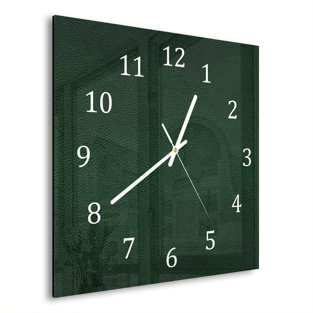 Wandklok Donkergroen Leer 30x30 cm gehard glas