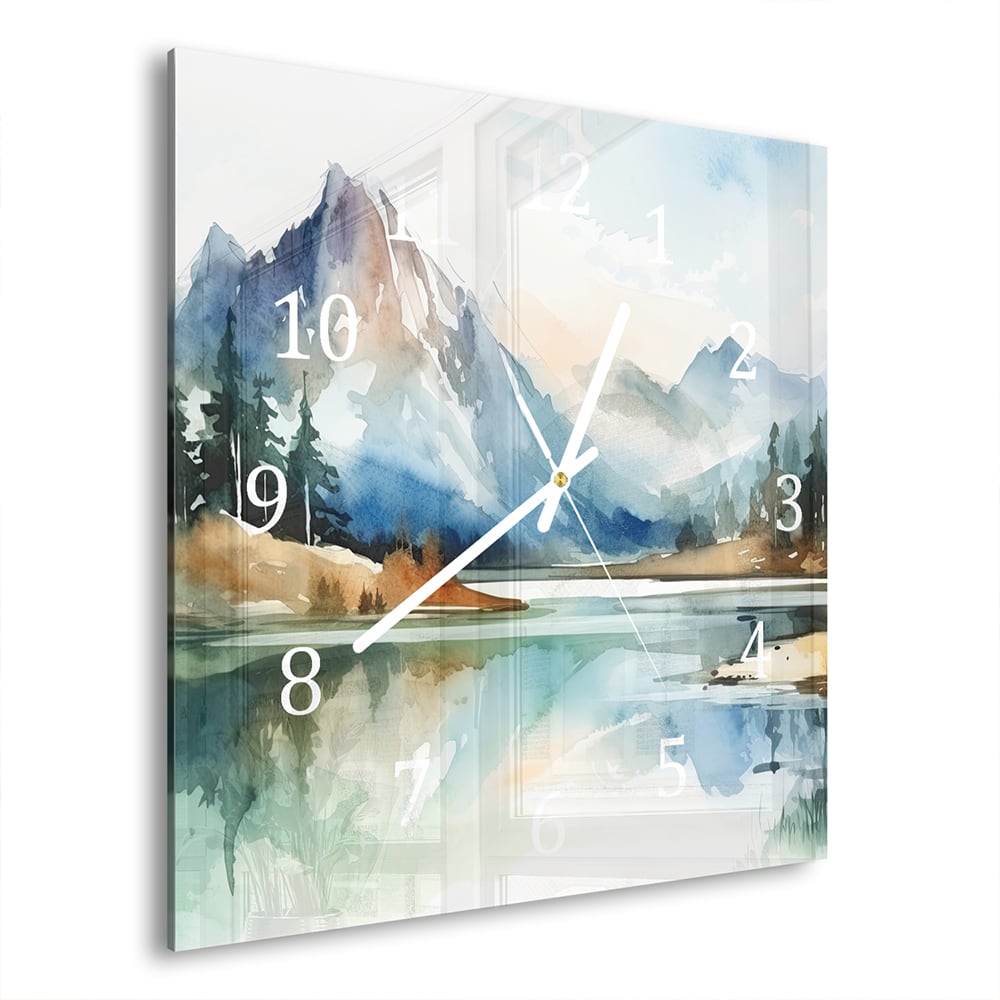 Wandklok Waterverf Schilderij van Bergen 30x30 cm gehard glas