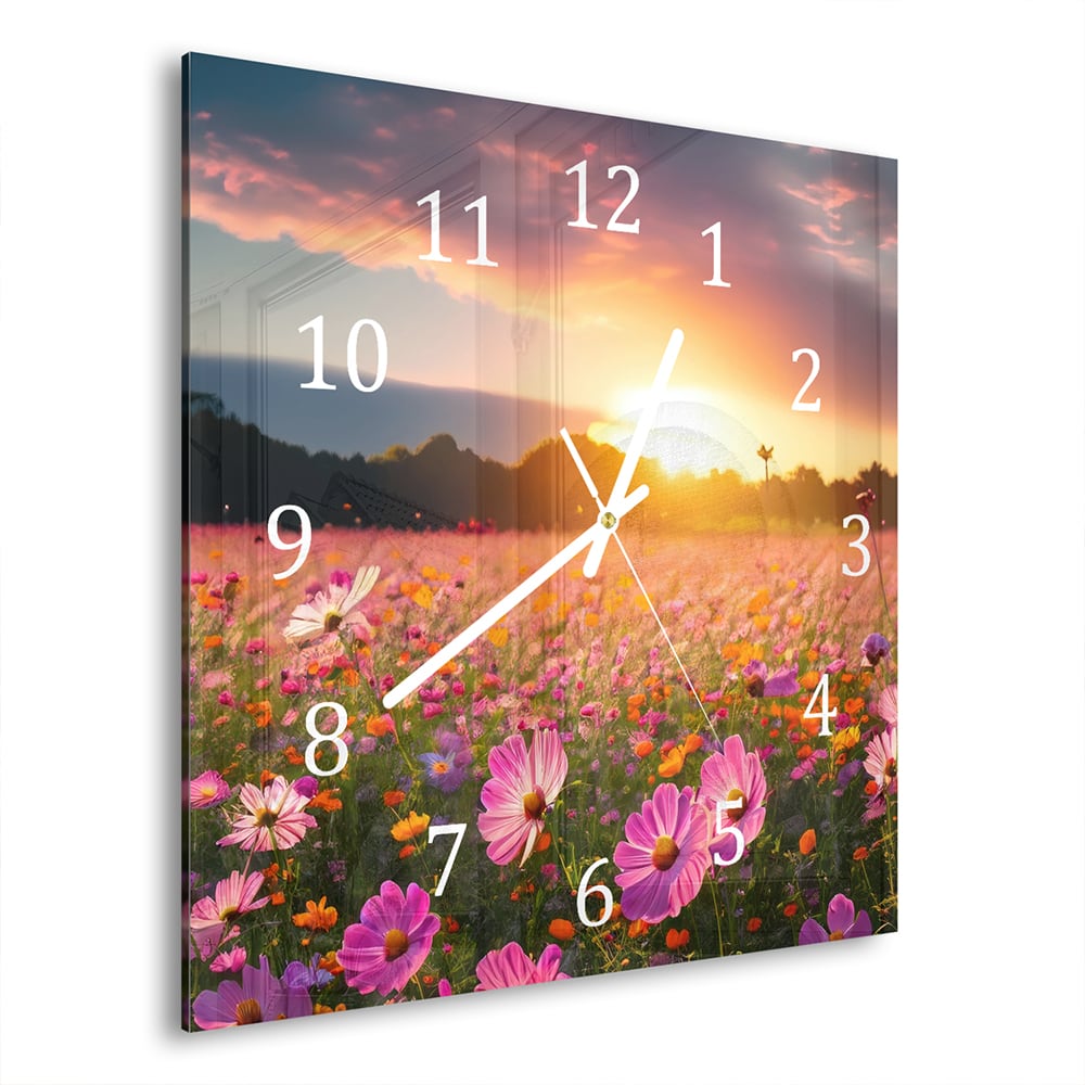 Wandklok 30x30 - Gehard Glas - Zomerbloemen bij Zonsondergang