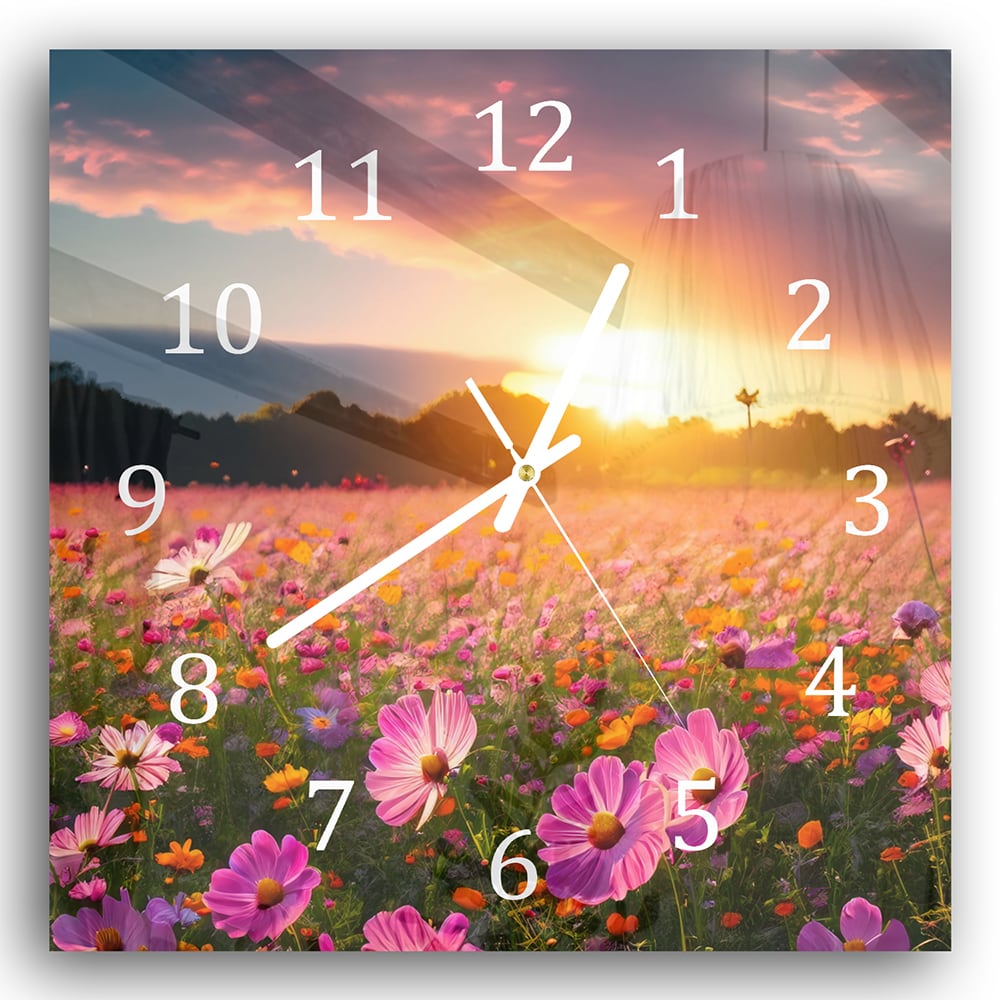 Wandklok 30x30 - Gehard Glas - Zomerbloemen bij Zonsondergang