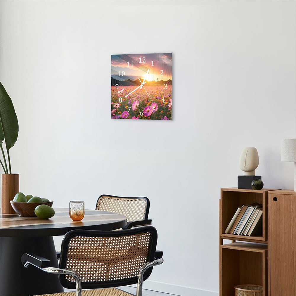 Wandklok 30x30 - Gehard Glas - Zomerbloemen bij Zonsondergang