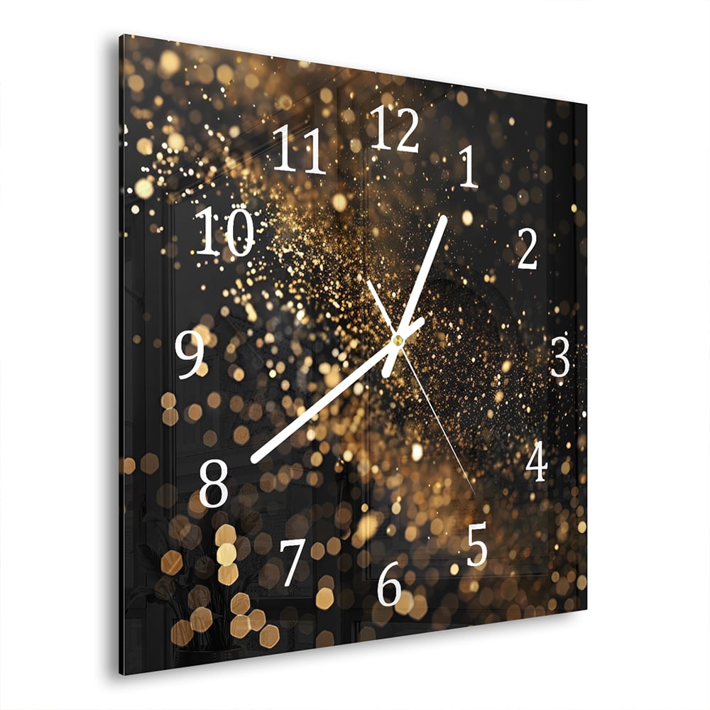 Wandklok 30x30 - Gehard Glas - Zwarte Achtergrond met Gouden Glitter